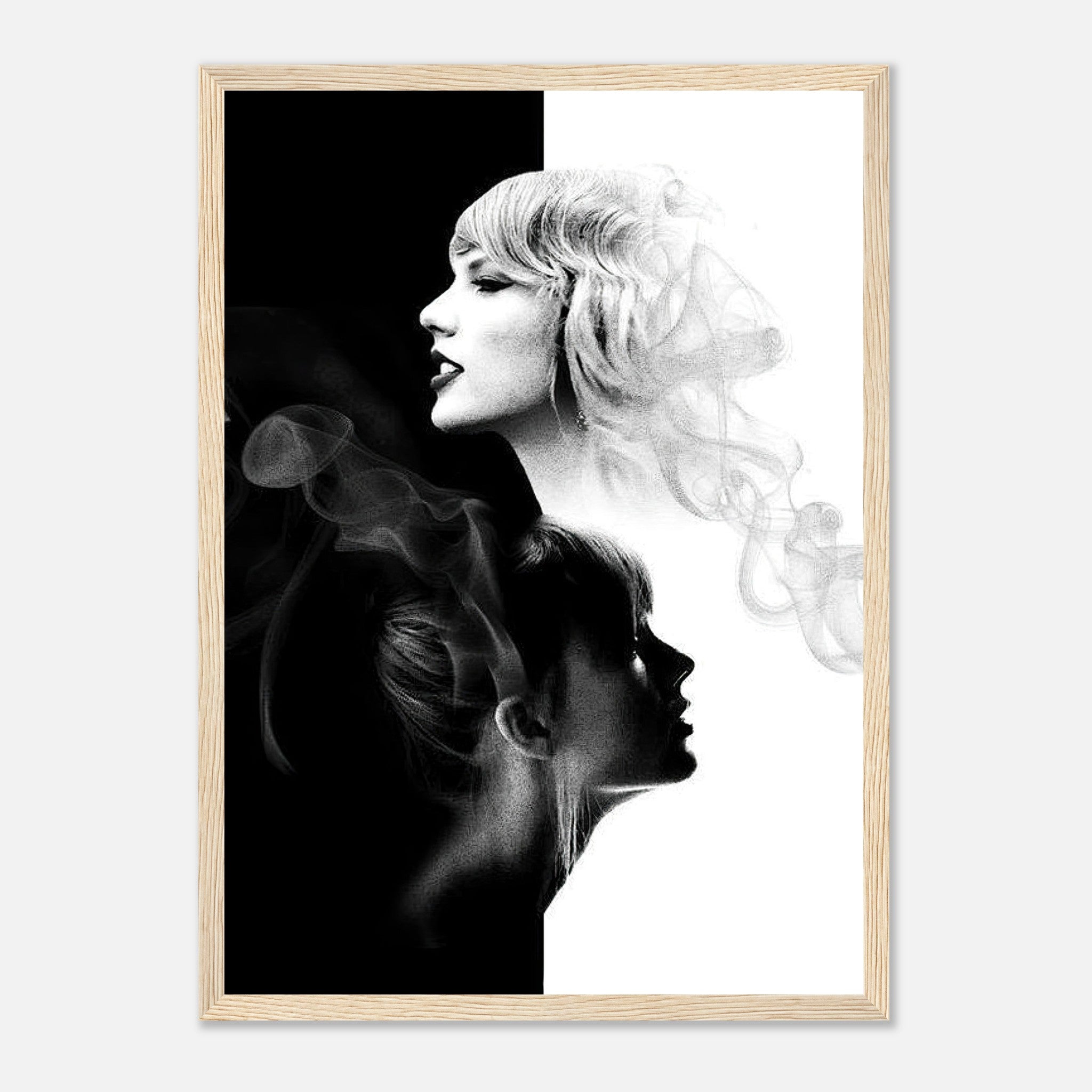 Taylor Swift black and white framed print featuring elegant dual-portrait design with light and shadow elements.