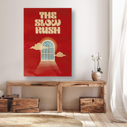 The Slow Rush Metal Poster featuring vibrant red hues and dreamy design with an arched window, enhancing modern décor.