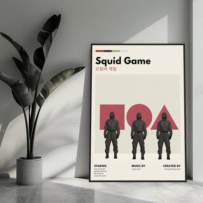 Squid Game vintage framed print with retro design and iconic imagery in a stylish interior setting.