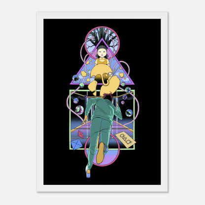 "Doll Squid Game framed print featuring iconic doll and player in colorful, detailed design"