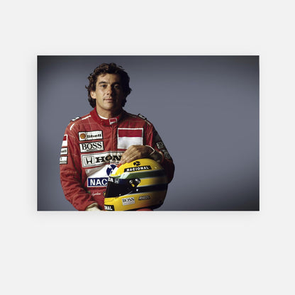 Ayrton Senna holding his iconic helmet, showcasing his charisma and spirit in a striking motorsport poster.