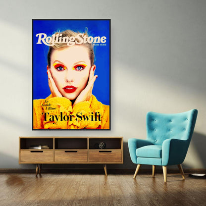 Taylor Swift framed Rolling Stone magazine cover print, showcasing vibrant colors and striking portrait, perfect for collectors.