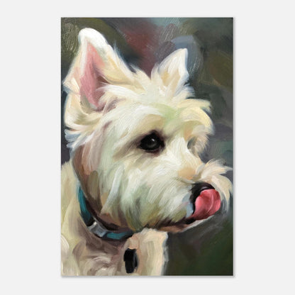 Westie dog painting metal print showcasing a fluffy white terrier with expressive eyes and playful tongue.