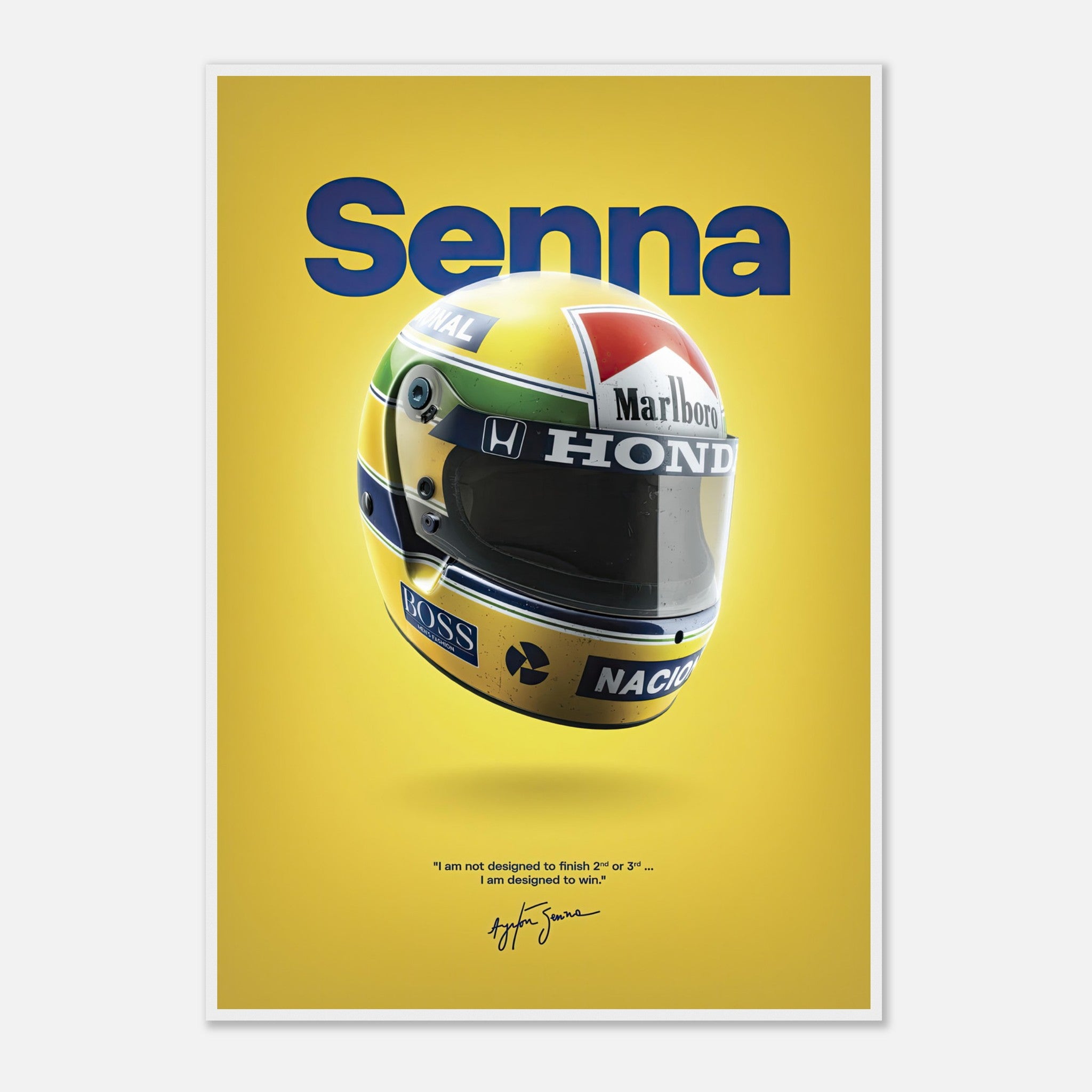 Ayrton Senna helmet framed poster with vibrant colors and inspiring quote on a bold yellow background.