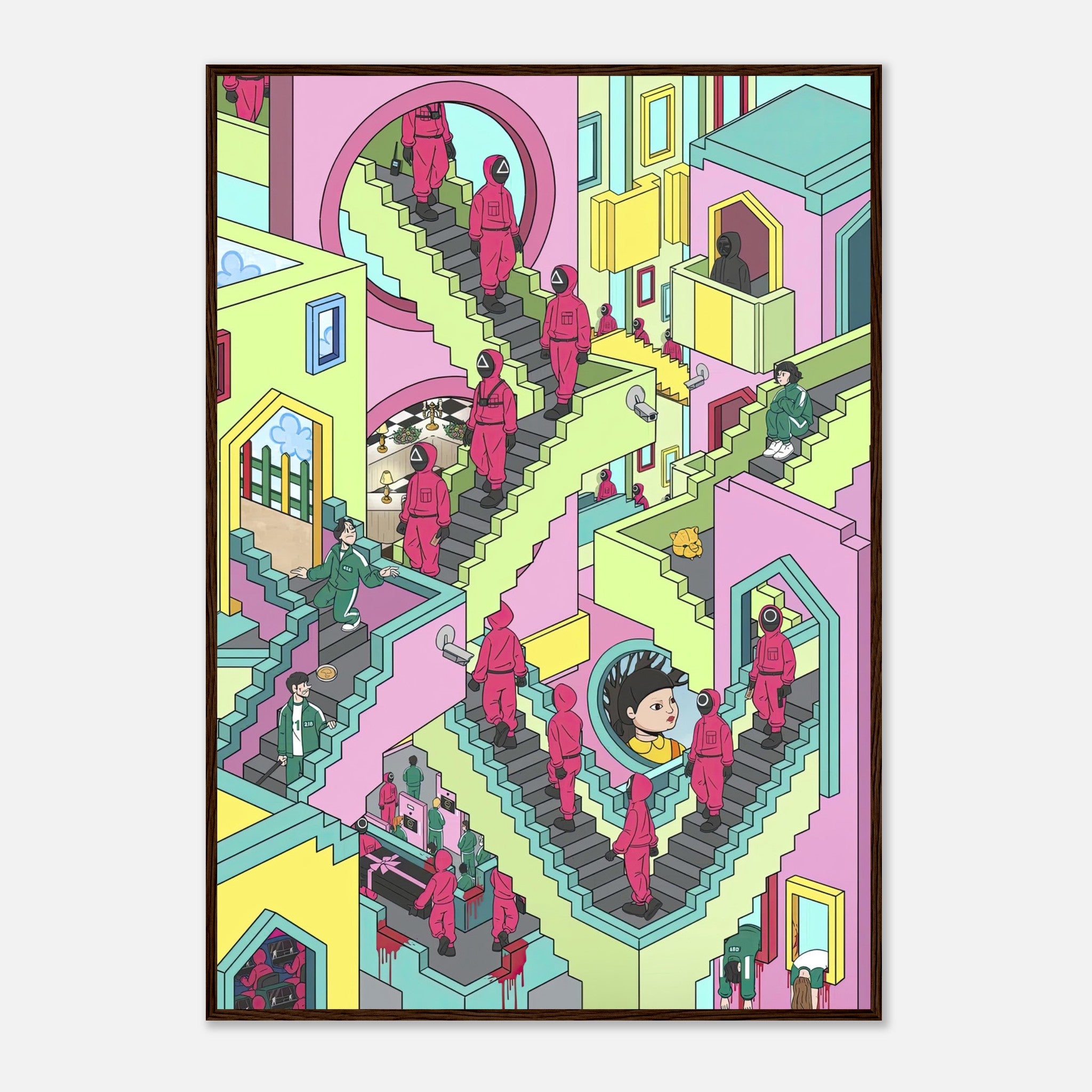 Squid Game Stairs framed print featuring vibrant pastel tones and intricate staircase design. Perfect for home decor.