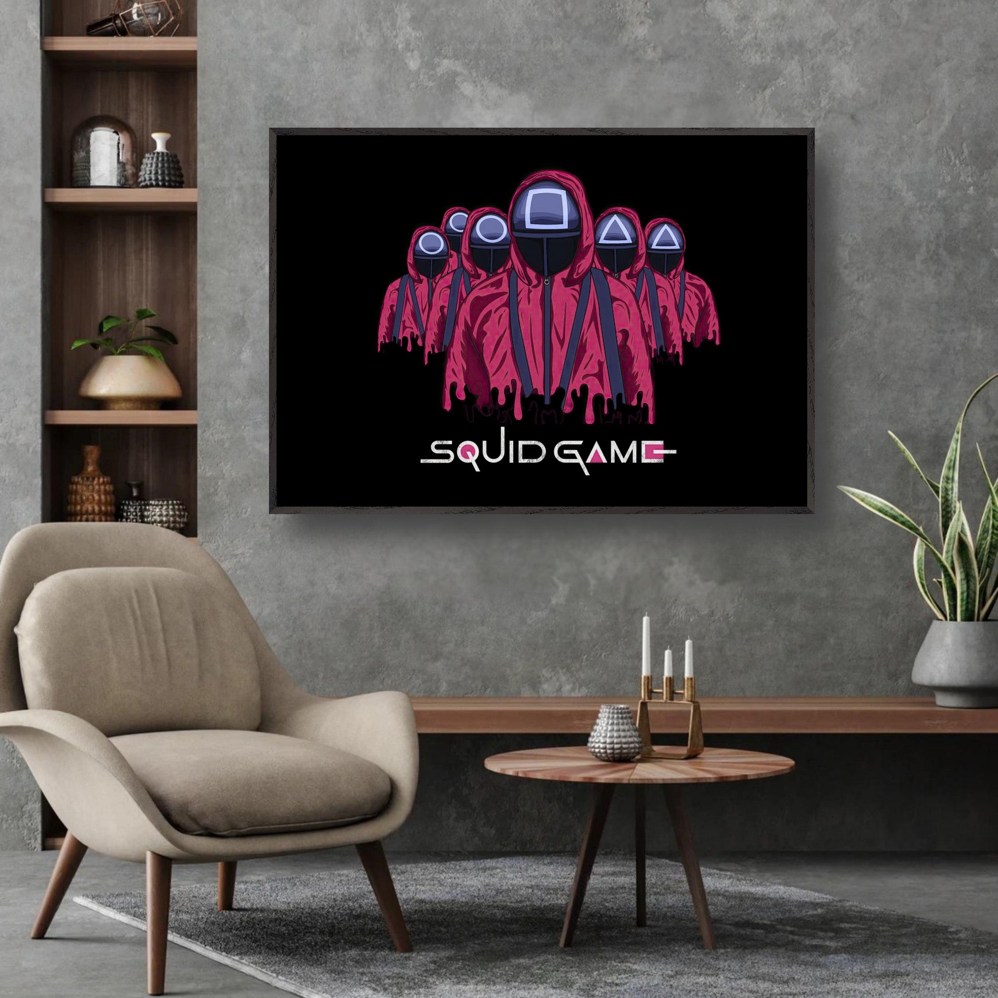 Squid Game Soldiers fine art print showcasing masked guards in red uniforms on a wall, enhancing modern interior decor.