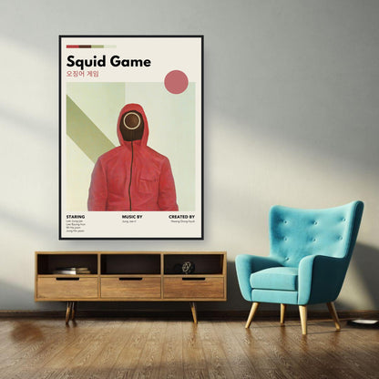 Vintage Squid Game framed print featuring red-hooded figure and retro design, displayed in modern living room setting.