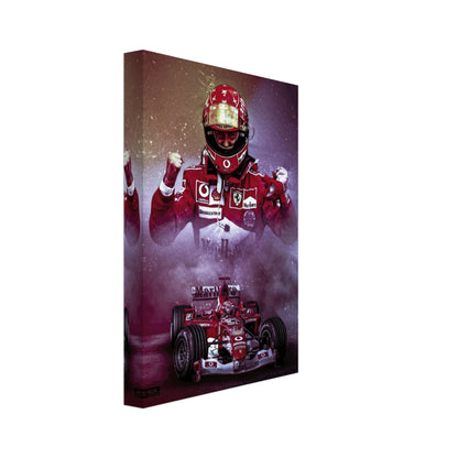 Michael Schumacher canvas artwork featuring the iconic Ferrari and dynamic imagery of the seven-time Formula 1 champion.