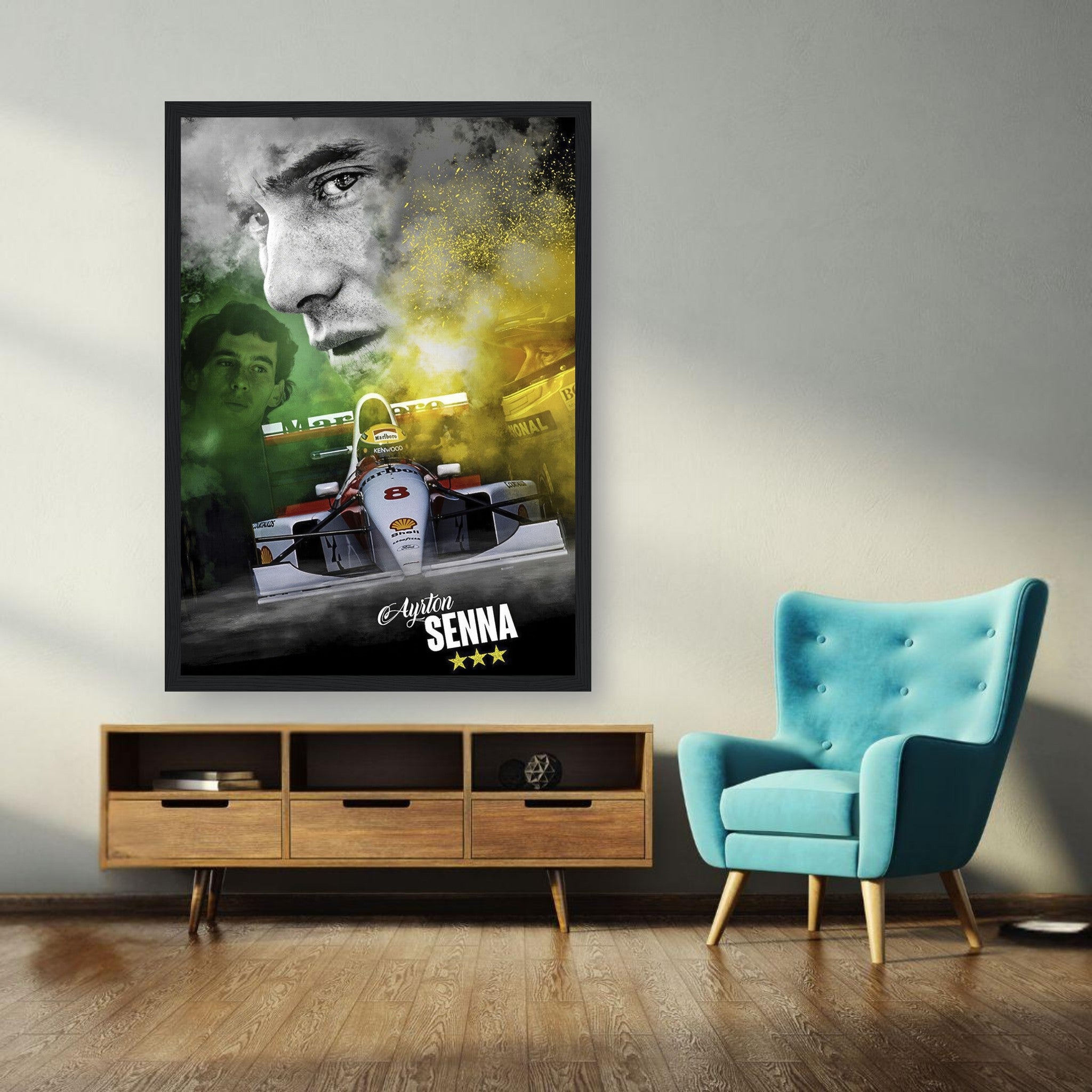 Framed poster print of Ayrton Senna in vibrant colors, showcasing his legacy in Formula 1, ideal for home or office decor.