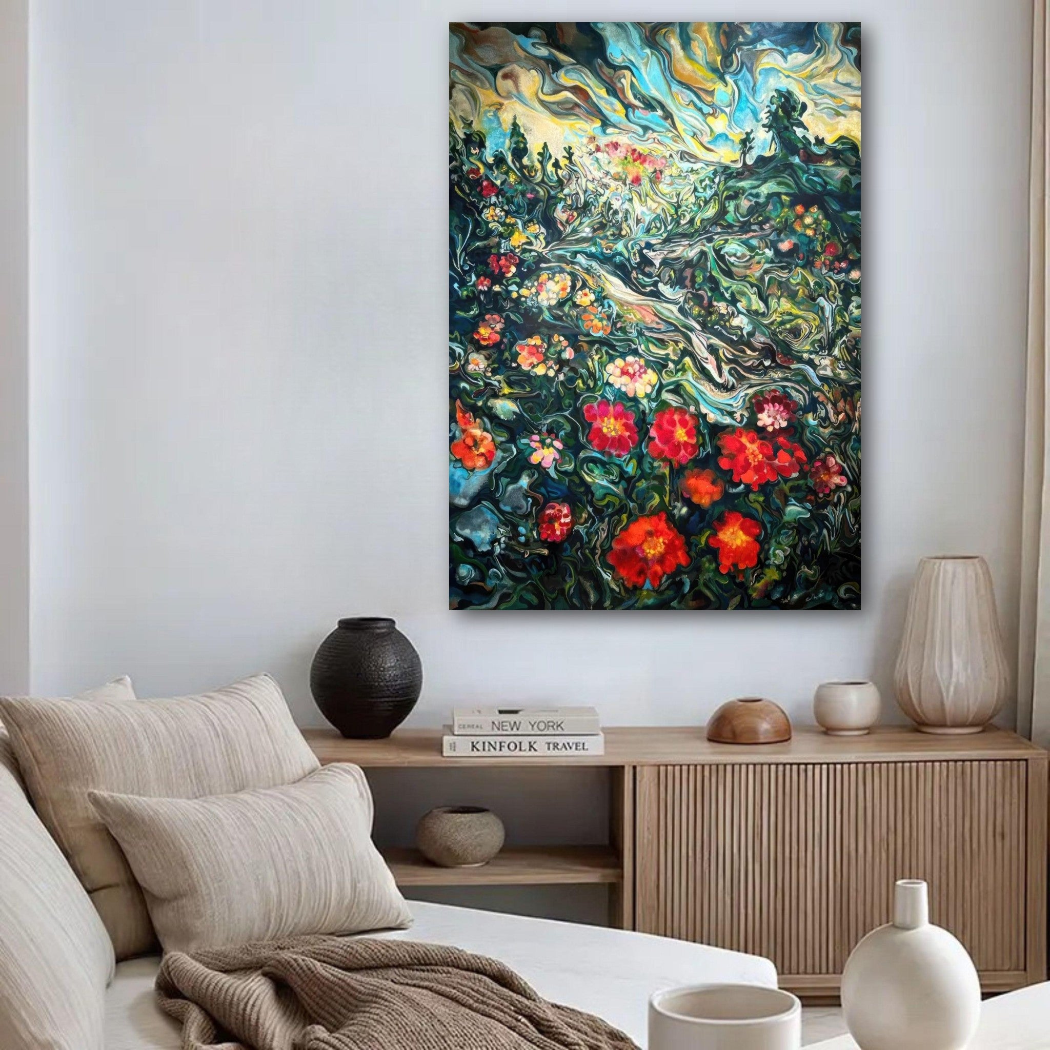 Abstract Floral Landscape Painting Poster featuring vibrant flowers and swirling colors in a modern living room setting.