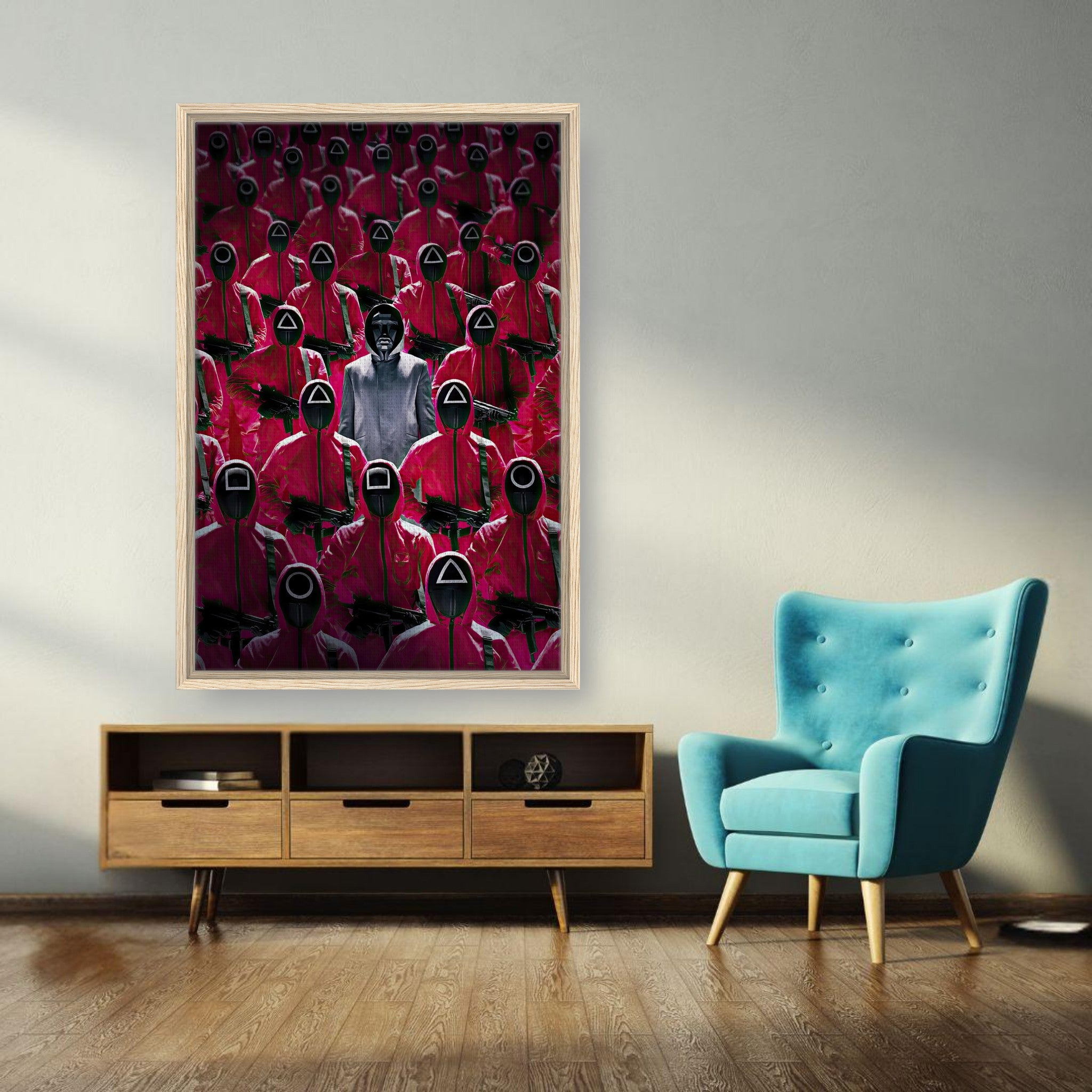 Framed canvas print of Squid Game guards in red uniforms, featuring a central figure in a living room setting.