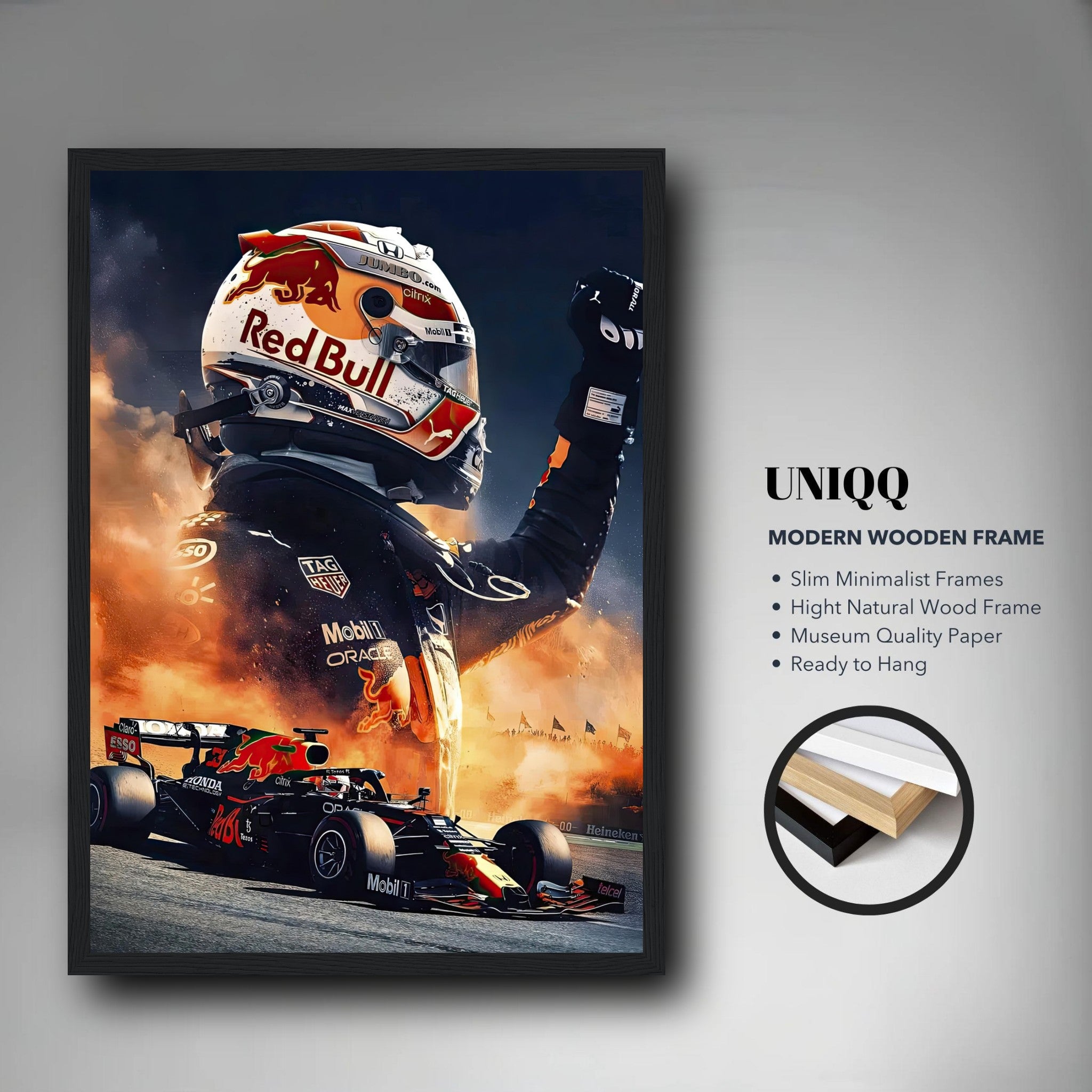 Max Verstappen Red Bull framed print showcasing high-speed action in vibrant colors, perfect for Formula 1 enthusiasts.