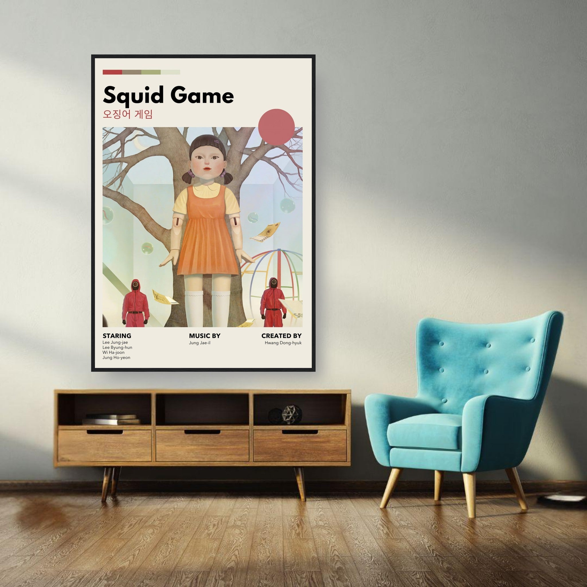 Vintage Squid Game framed poster featuring the Red Light, Green Light doll in a stylish interior setting.