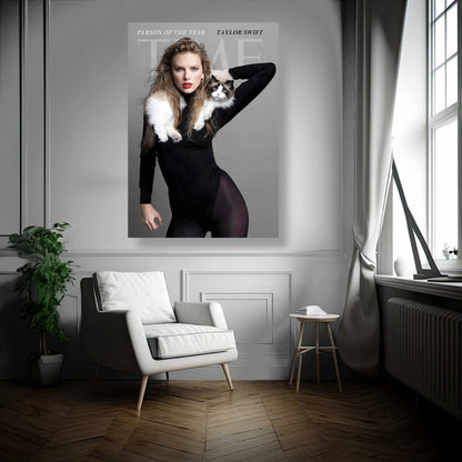 Taylor Swift Time Magazine metal print showcasing elegance and charisma in a stylish room setting.