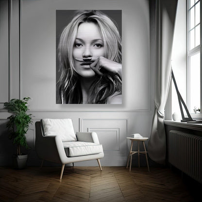 Black and white art piece of a woman with a mustache, adding a bold decor touch to a chic living space.