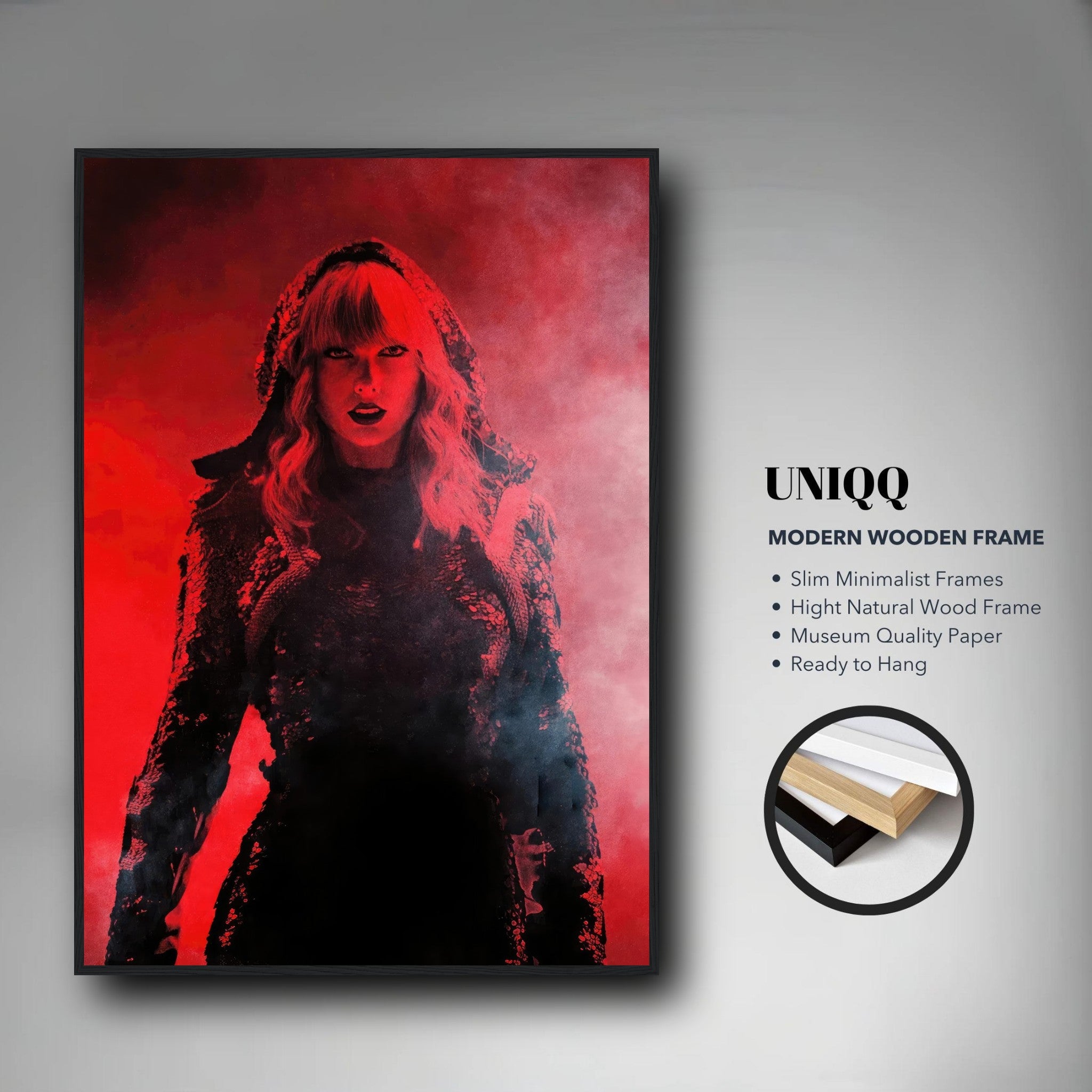 Taylor Swift Red framed print in sleek wooden frame, showcasing vibrant red colors and iconic artistic presence.