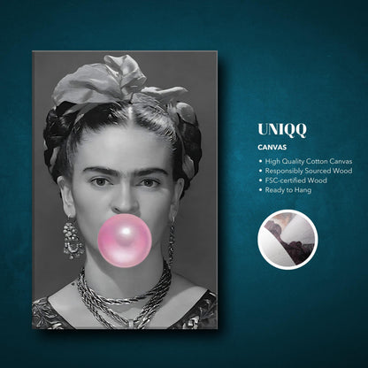 Frida Kahlo Bubble Gum Canvas art featuring grayscale portrait with pink bubble gum detail on high-quality cotton canvas.