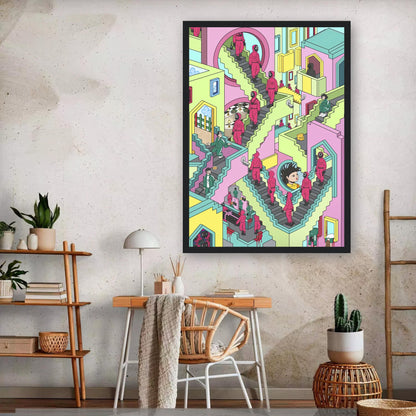 Squid Game Stairs framed print showcasing vibrant pastel art with surreal staircase scene and faceless guards in a modern living space.