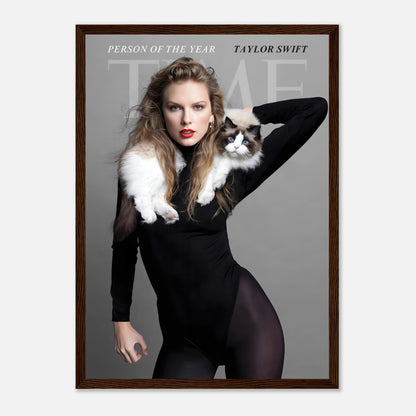 Taylor Swift Time Magazine framed print featuring her portrait with a cat, celebrating her as Person of the Year.