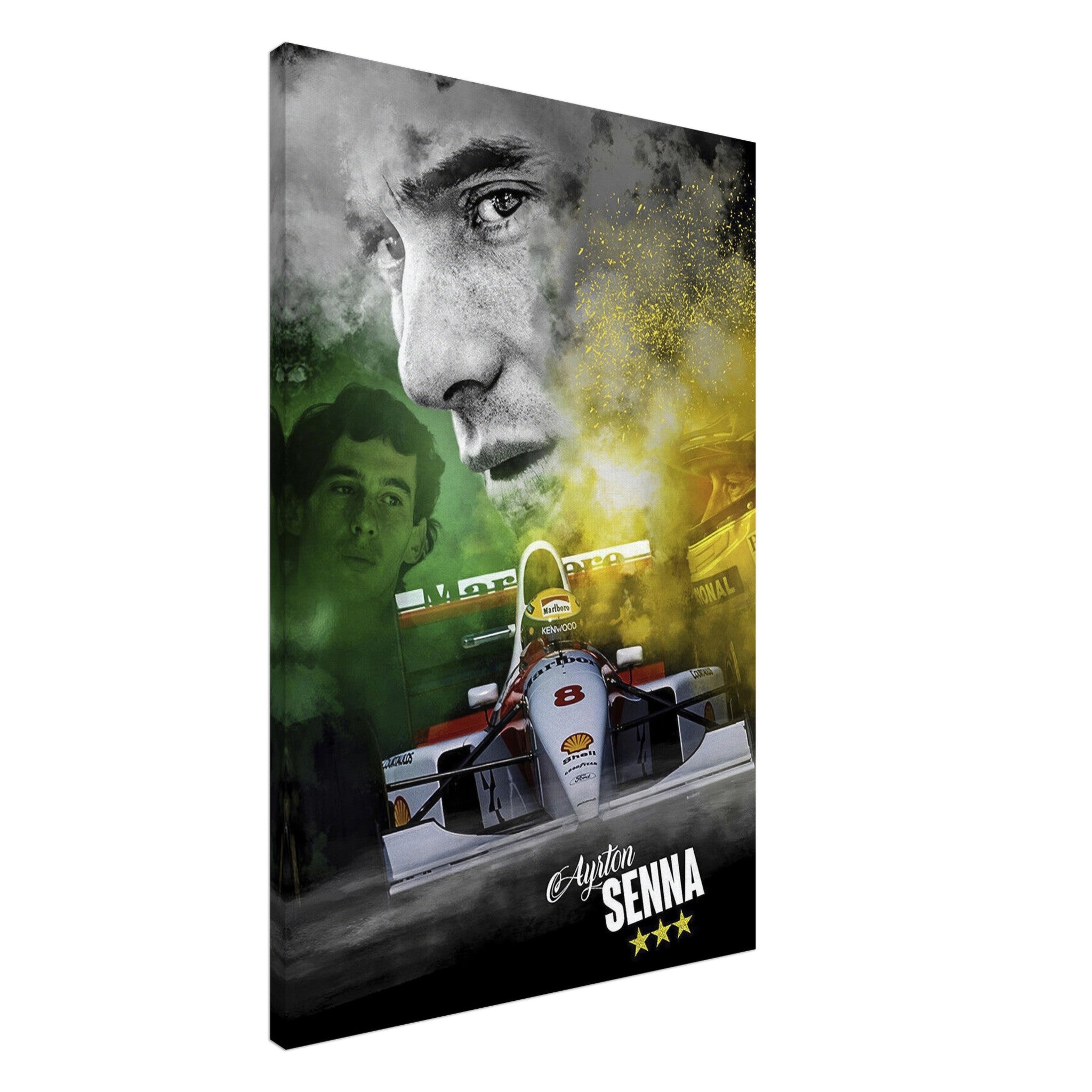 Ayrton Senna F1 McLaren canvas print featuring dynamic image of Senna in racing gear with iconic car backdrop.