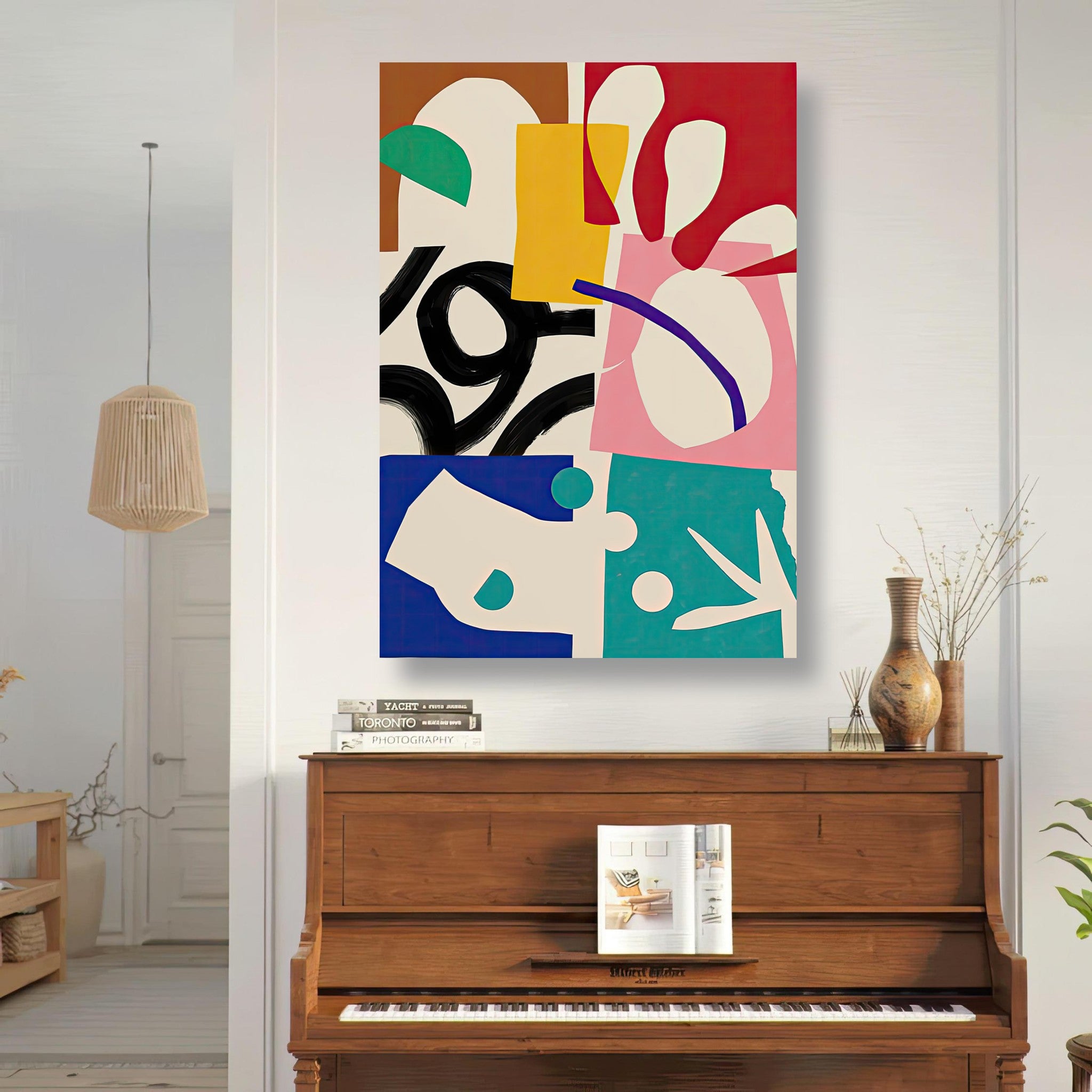 The Abstract Harmony Metal Print showcasing vibrant colors and dynamic shapes in a modern interior setting.