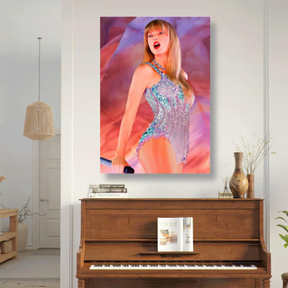 Taylor Swift The Eras Tour poster featuring her vibrant stage outfit, displayed in a stylish living room setting.