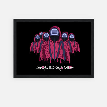 Framed poster of Squid Game Soldiers in pink outfits, featuring iconic guards with geometric masks on a black background.