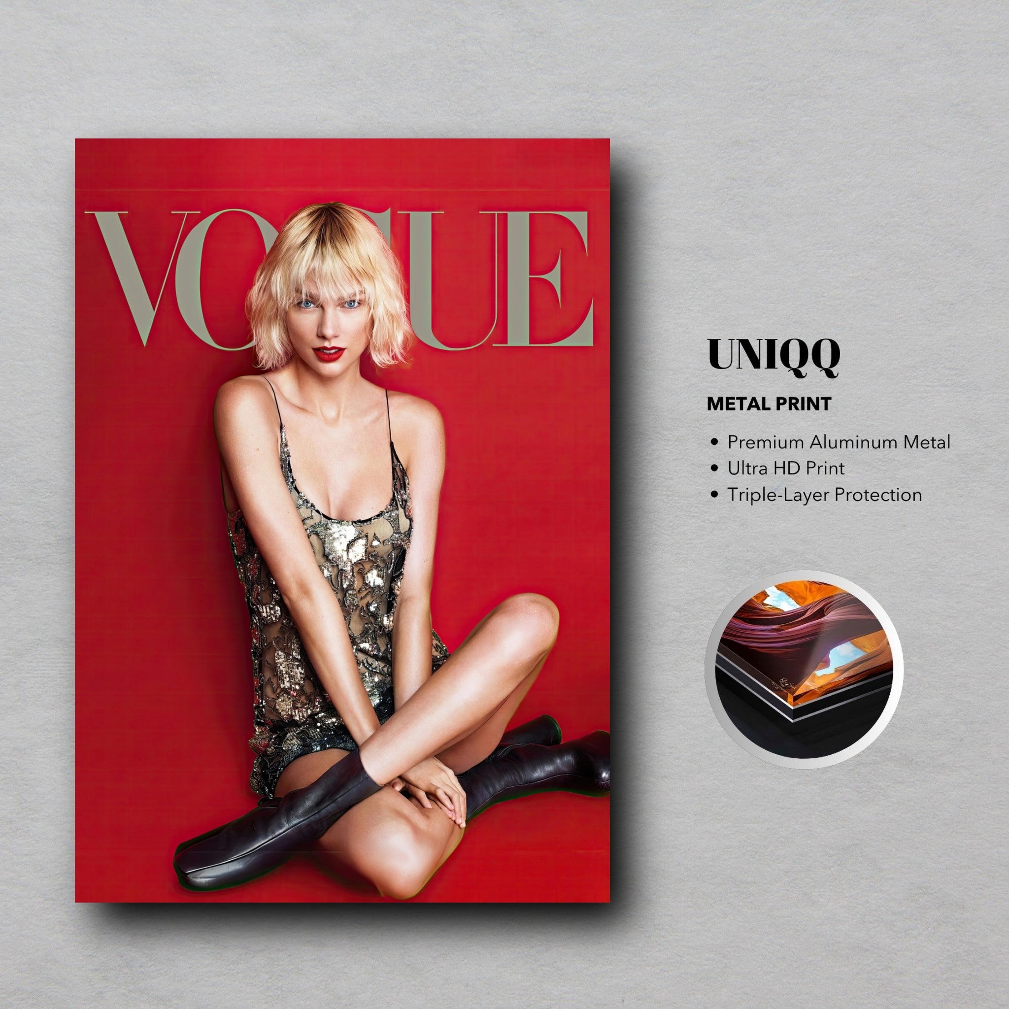 Taylor Swift Vogue metal print featuring bold red backdrop and glossy finish, perfect for art lovers and fans.