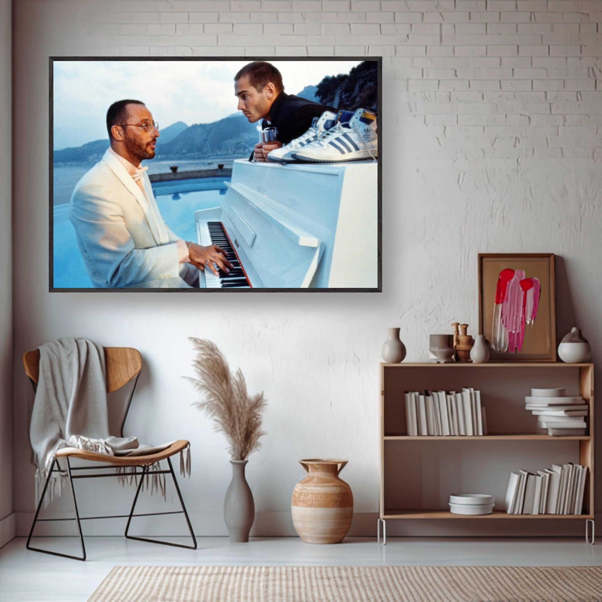 Jean Reno playing piano in a serene poolside setting, capturing cinematic elegance and movie nostalgia from *The Big Blue*.