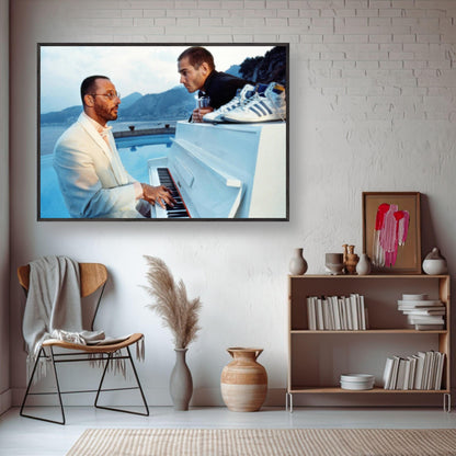 Jean Reno playing piano in a serene poolside setting, capturing cinematic elegance and movie nostalgia from *The Big Blue*.