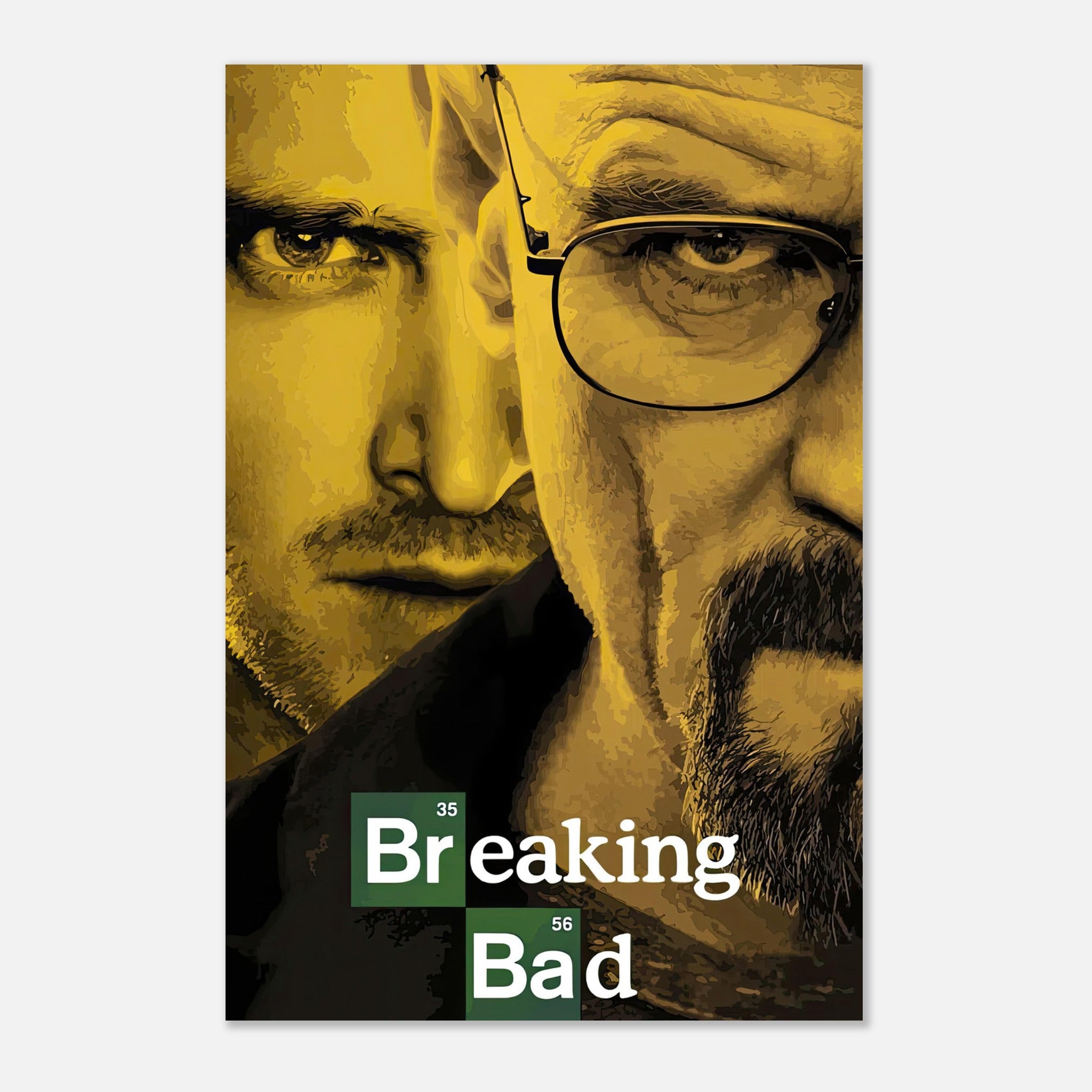 Breaking Bad official metal print featuring Walter White and Jesse Pinkman in vibrant colors and sharp details.