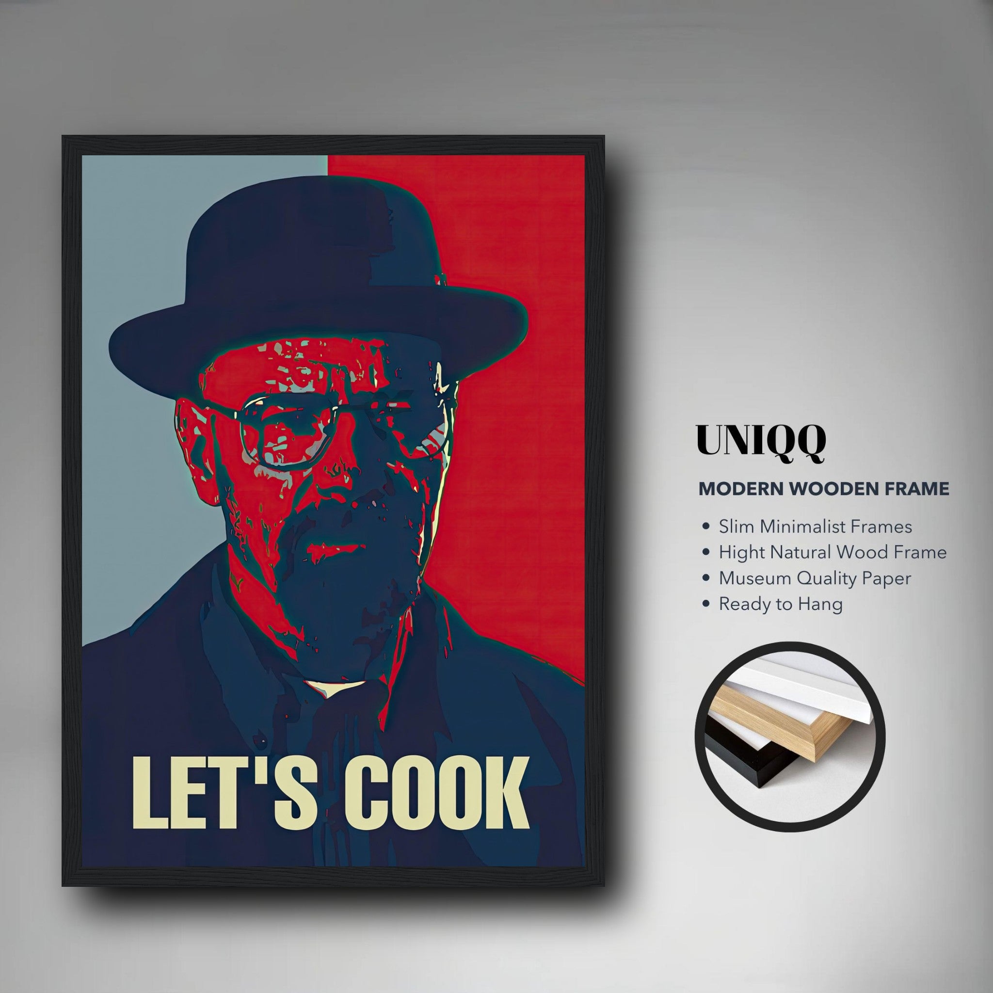 Heisenberg Let's Cook framed pop art print with vibrant colors, perfect for modern decor, ready to hang.