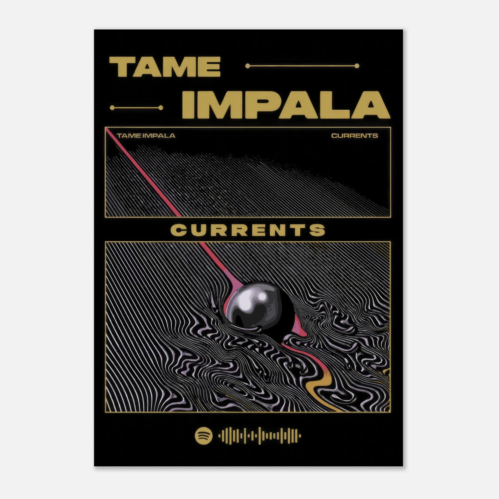 Tame Impala Currents poster featuring iconic black and gold artwork with hypnotic patterns and a striking design.