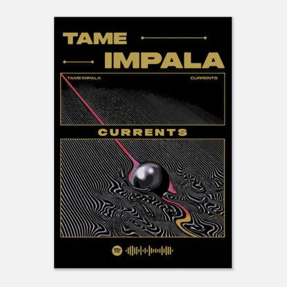 Tame Impala Currents poster featuring iconic black and gold artwork with hypnotic patterns and a striking design.