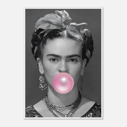 Frida Kahlo Bubble Gum art print in black and white featuring pink bubble gum, framed artwork for modern decor.