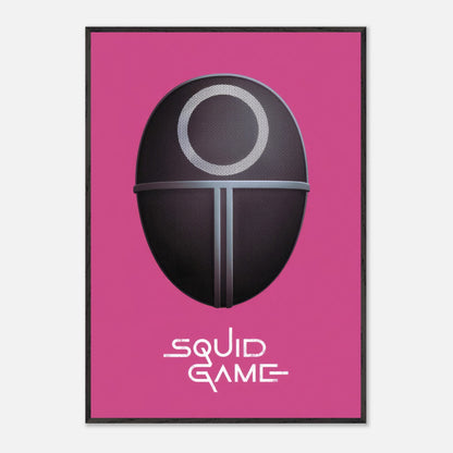 Squid Game Guard Mask fine art print featuring a bold pink background and detailed mask design. Perfect for fans and collectors.