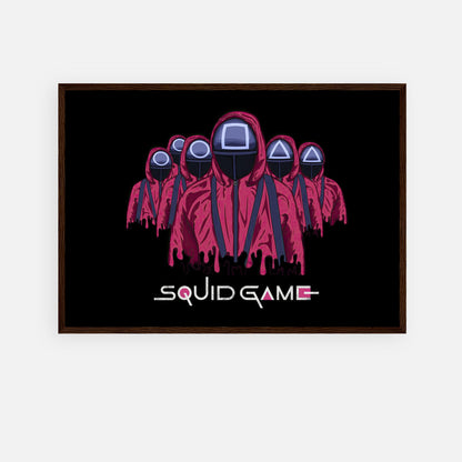 Squid Game Soldiers framed poster featuring iconic pink-clad guards with geometric masks on a black background.