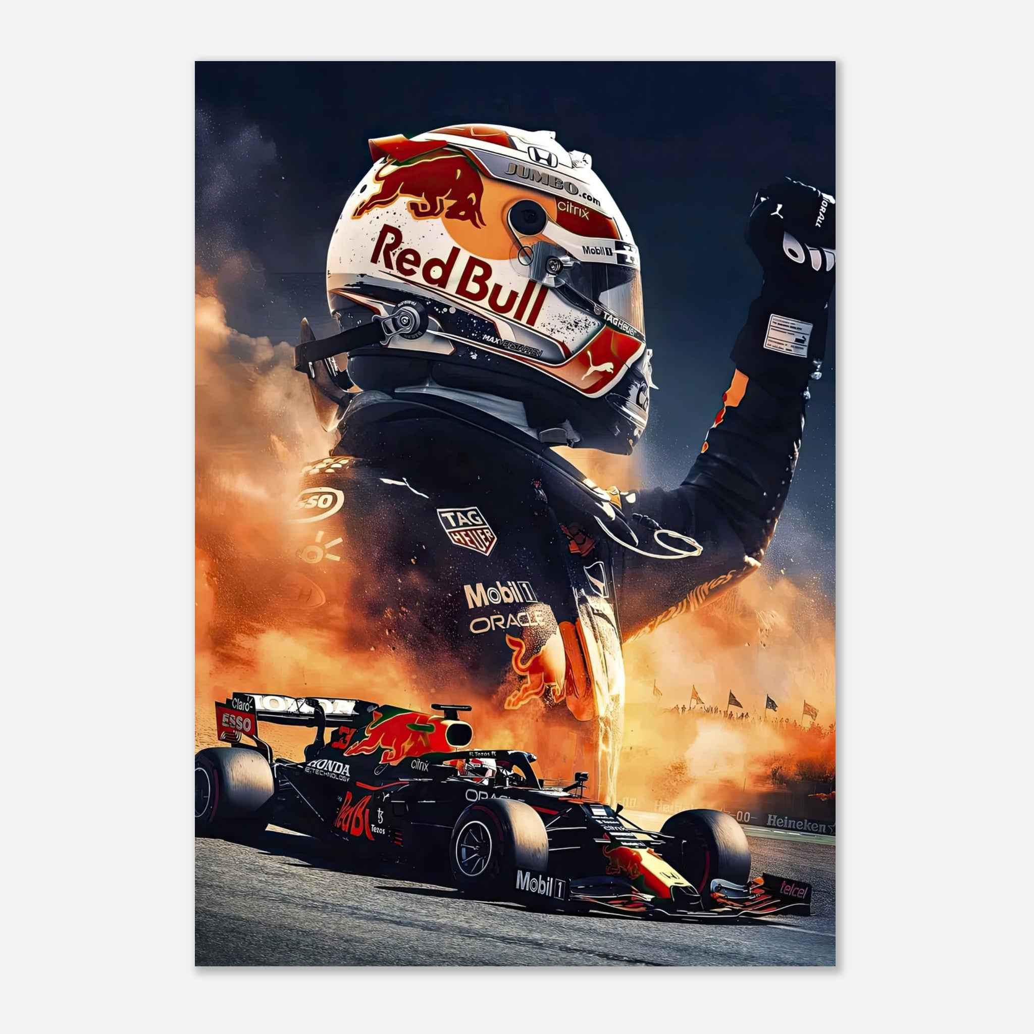 Max Verstappen Red Bull poster featuring dynamic motorsport design with vibrant colors and bold imagery celebrating Formula 1.