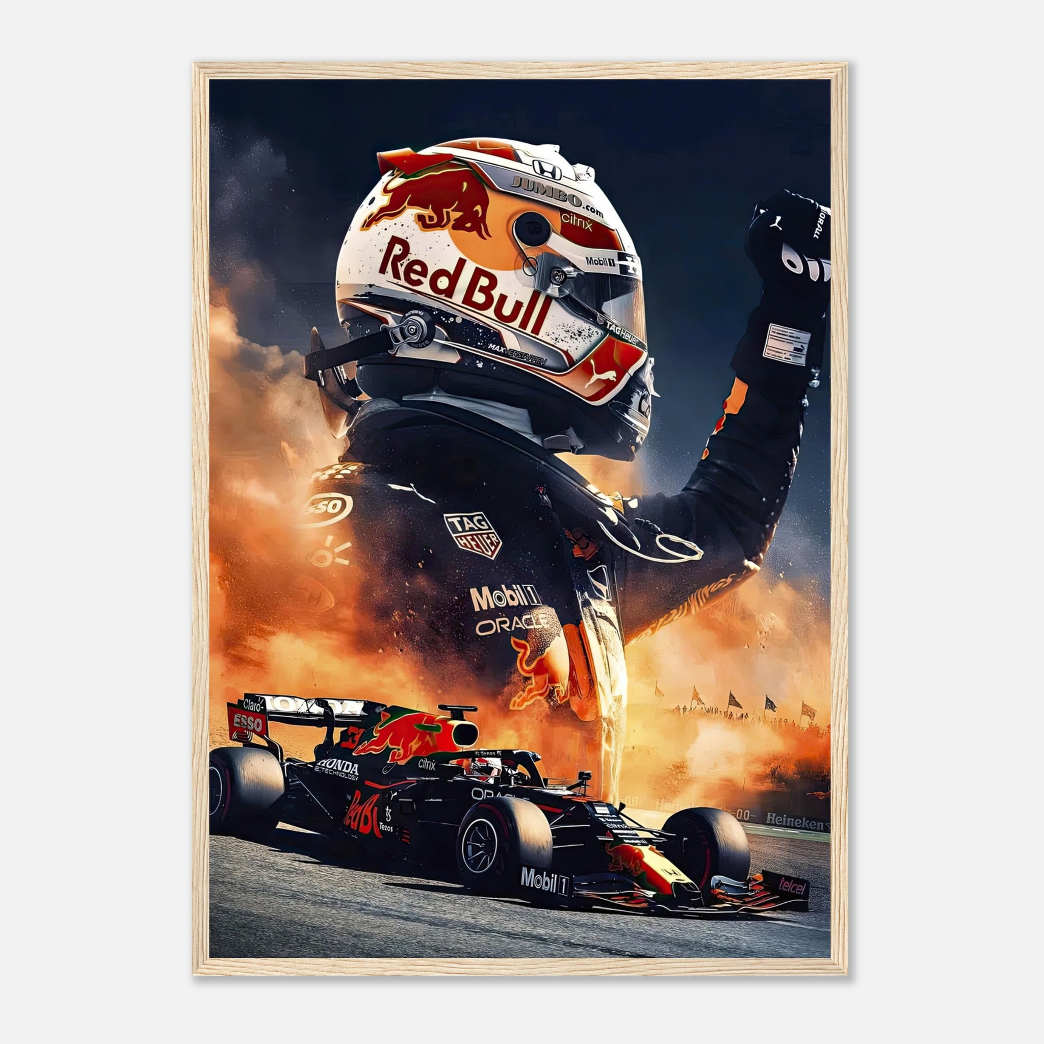 Max Verstappen framed print celebrating Formula 1, featuring dynamic Red Bull colors and striking artwork.