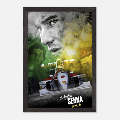 Ayrton Senna fine art print featuring a dynamic portrait and iconic McLaren F1 car, professionally framed and vivid in color.