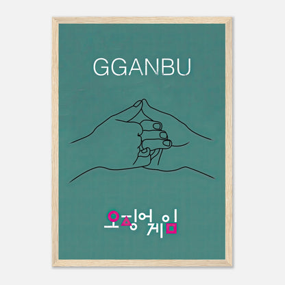 GGANBU Squid Game framed print featuring minimalist design and iconic handshake on teal background.