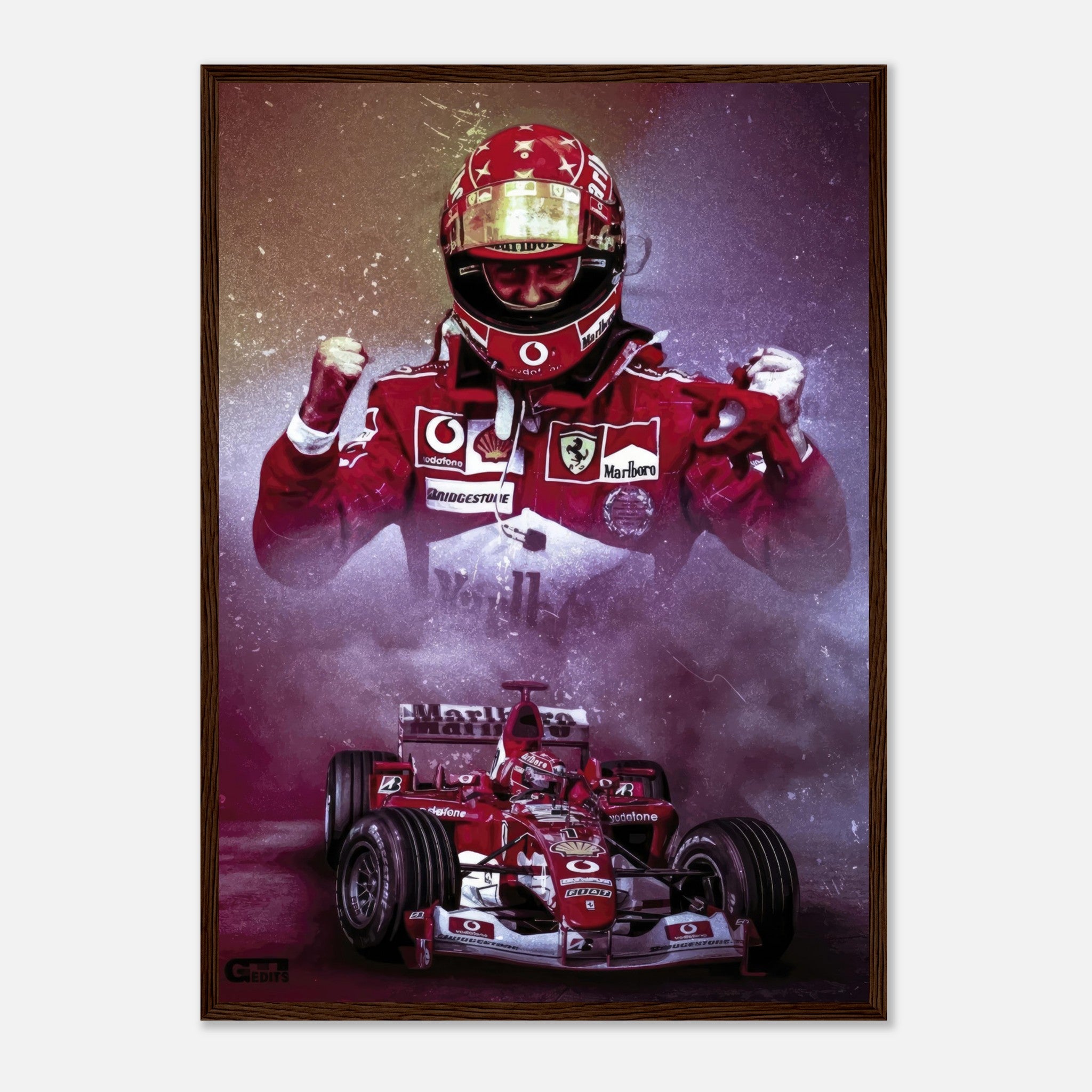 Framed print of Michael Schumacher in Ferrari F1, showcasing iconic race moments and vibrant colors. Perfect for motorsport fans.