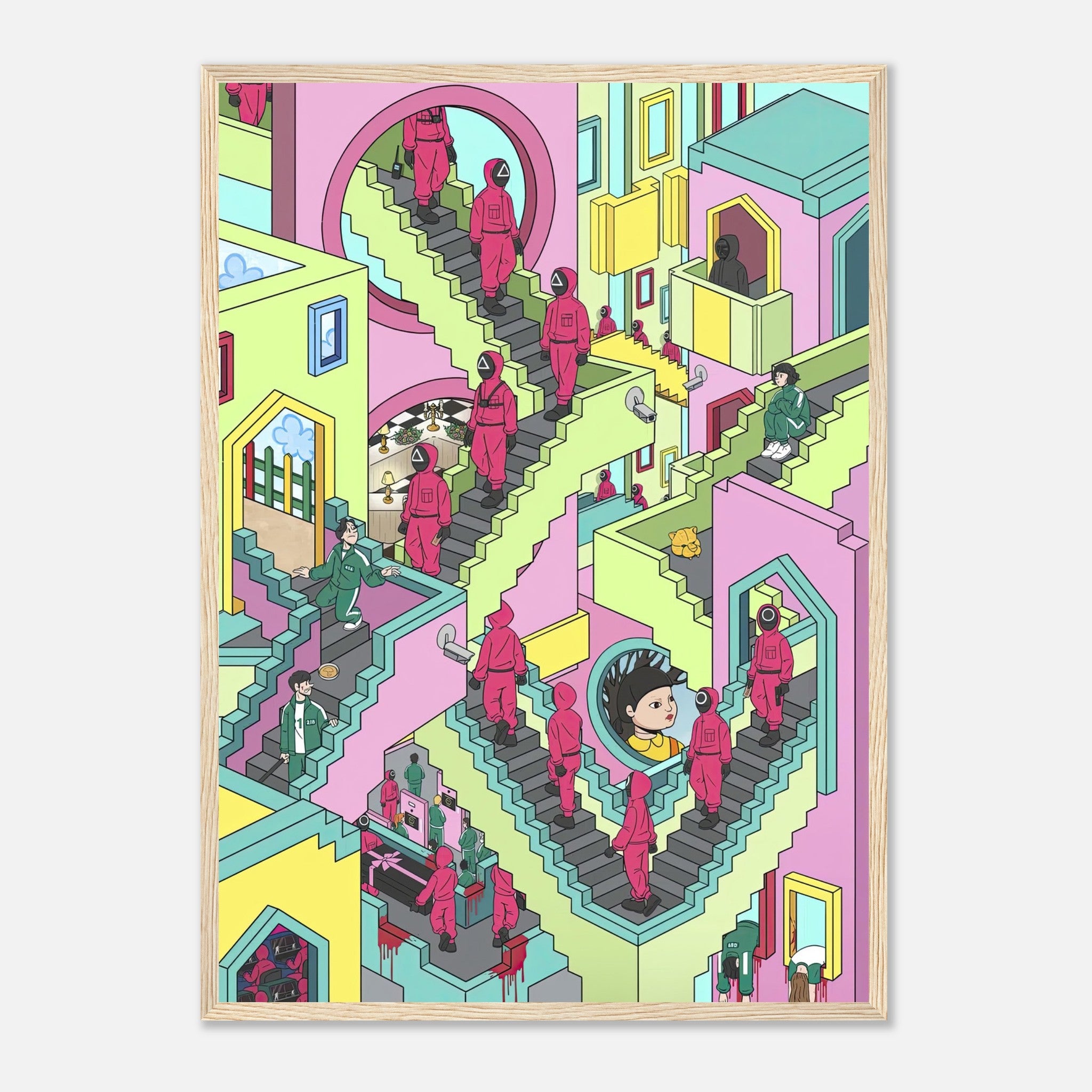 Squid Game Stairs framed print featuring vivid pastel colors and intricate Escher-inspired design with faceless guards.