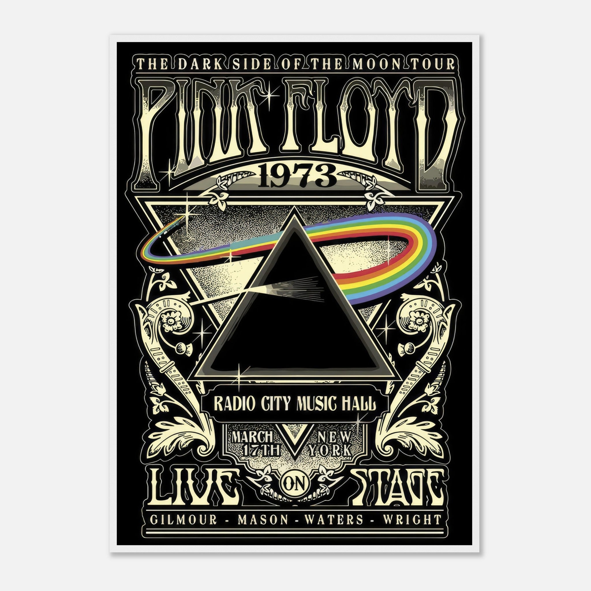 Pink Floyd 1973 Dark Side of the Moon tour poster, framed print featuring iconic prism and spectrum design.