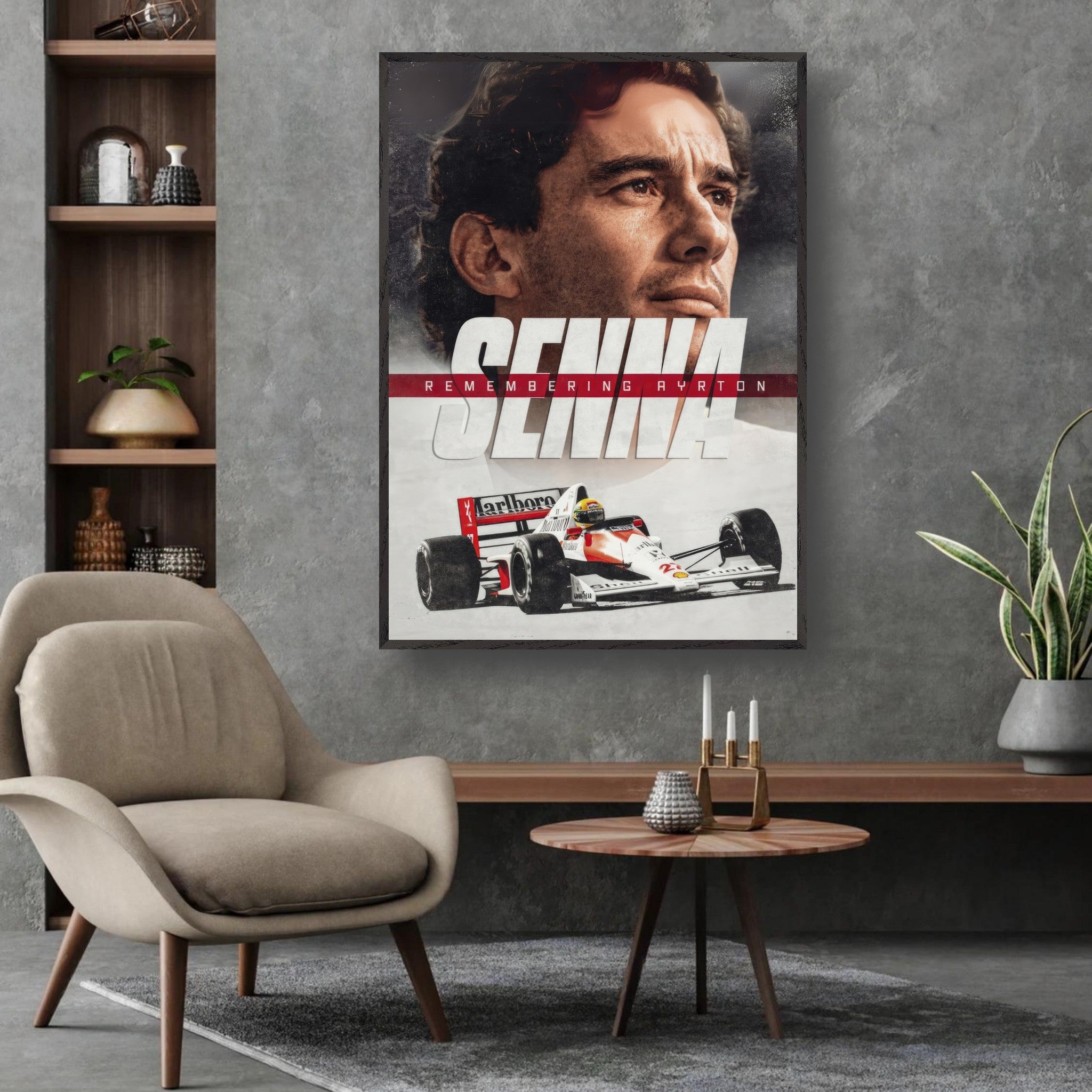 Fine art print of Ayrton Senna, featuring his portrait and iconic racing car, displayed in a modern living room setting.