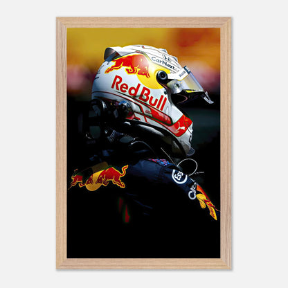 Framed fine art print of Max Verstappen in Red Bull helmet, showcasing racing intensity and premium-quality design.