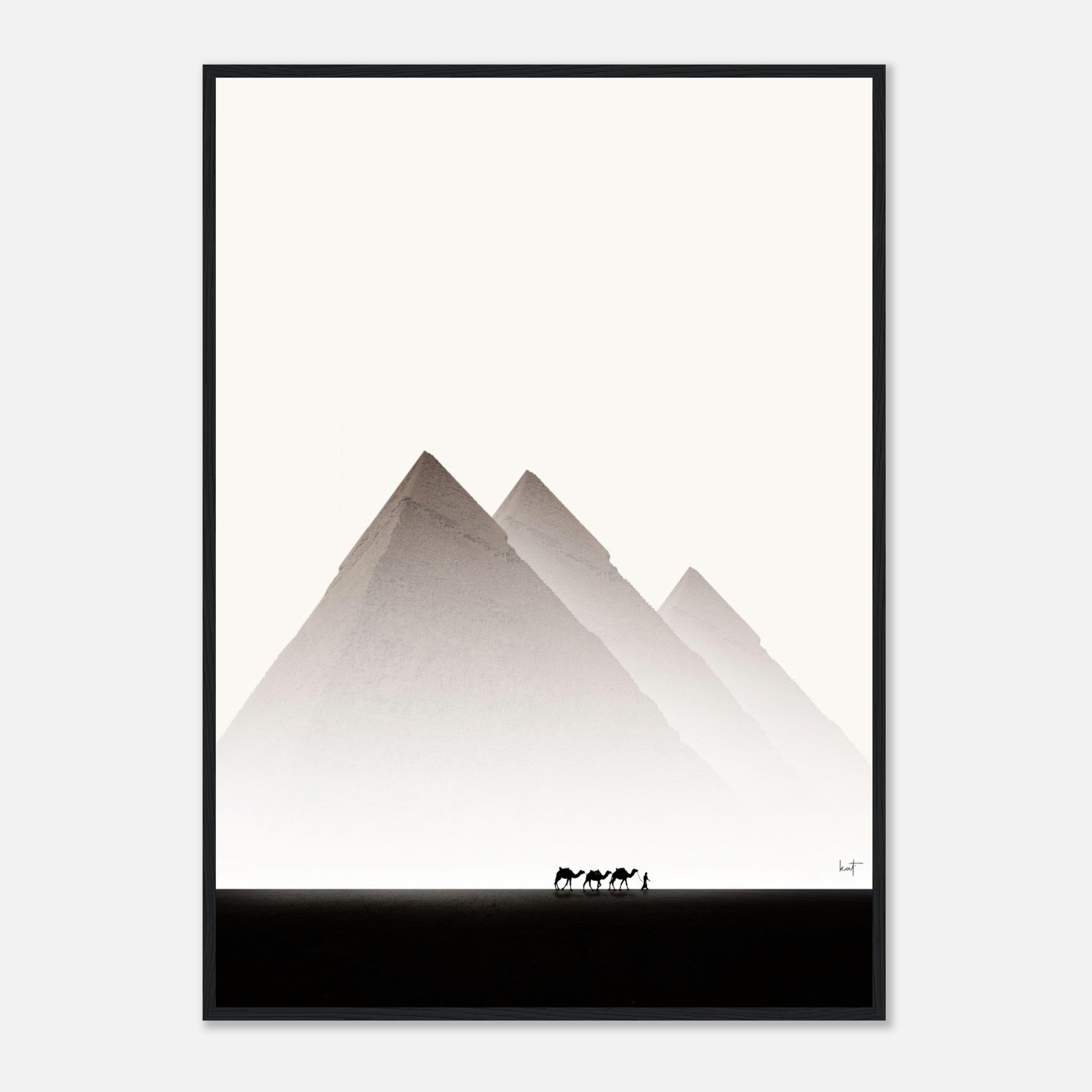 Framed print of the Pyramids of Giza with horses, showcasing Egypt travel photography and minimalist design.