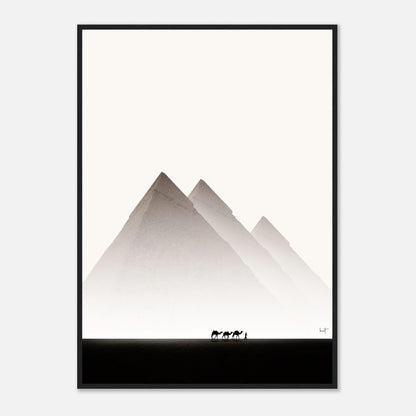 Framed print of the Pyramids of Giza with horses, showcasing Egypt travel photography and minimalist design.