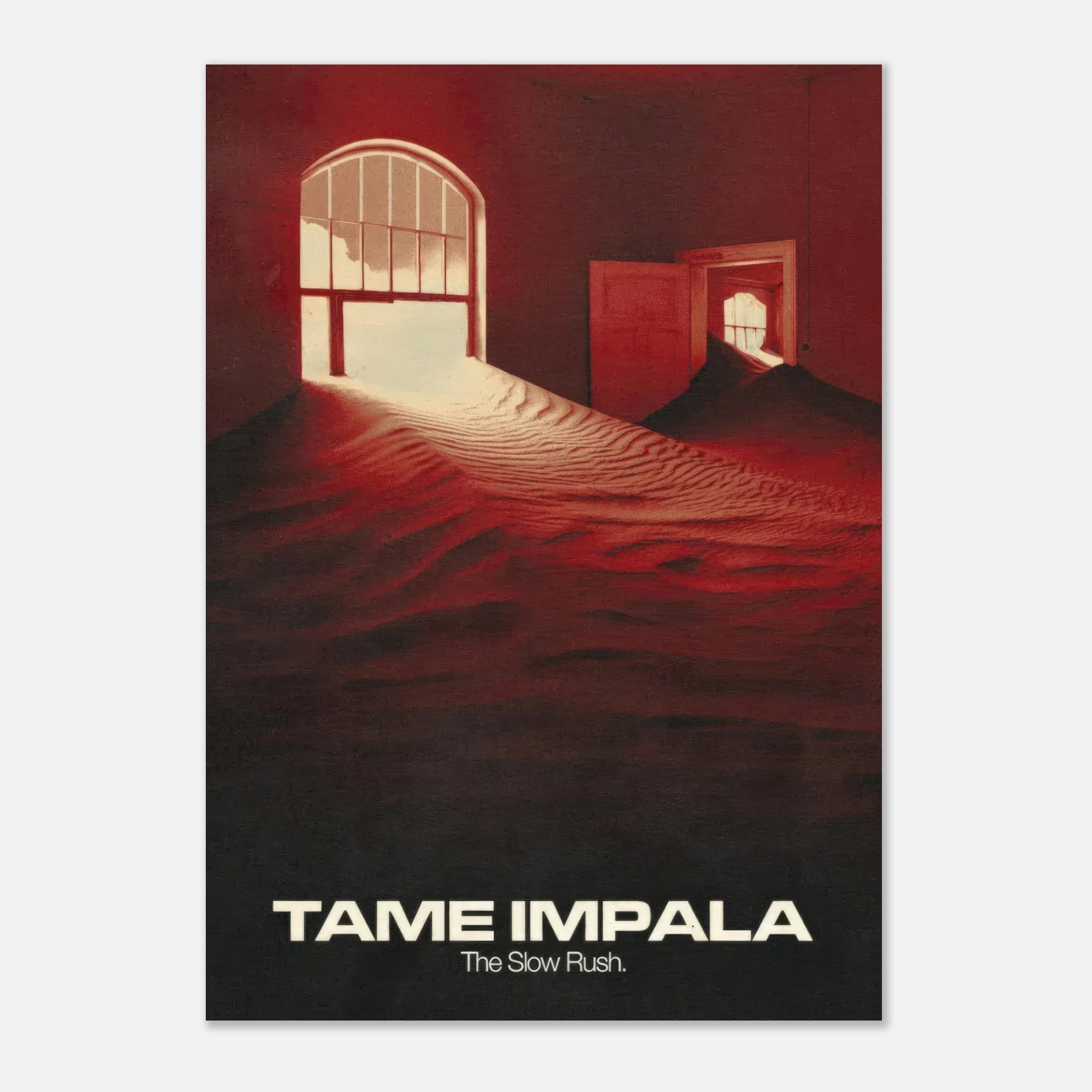 Tame Impala "The Slow Rush" poster featuring surreal artwork and warm colors. Perfect for fans and home decor.