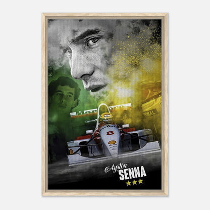 Ayrton Senna framed canvas print featuring vibrant design and Formula 1 imagery, perfect for motorsport enthusiasts.